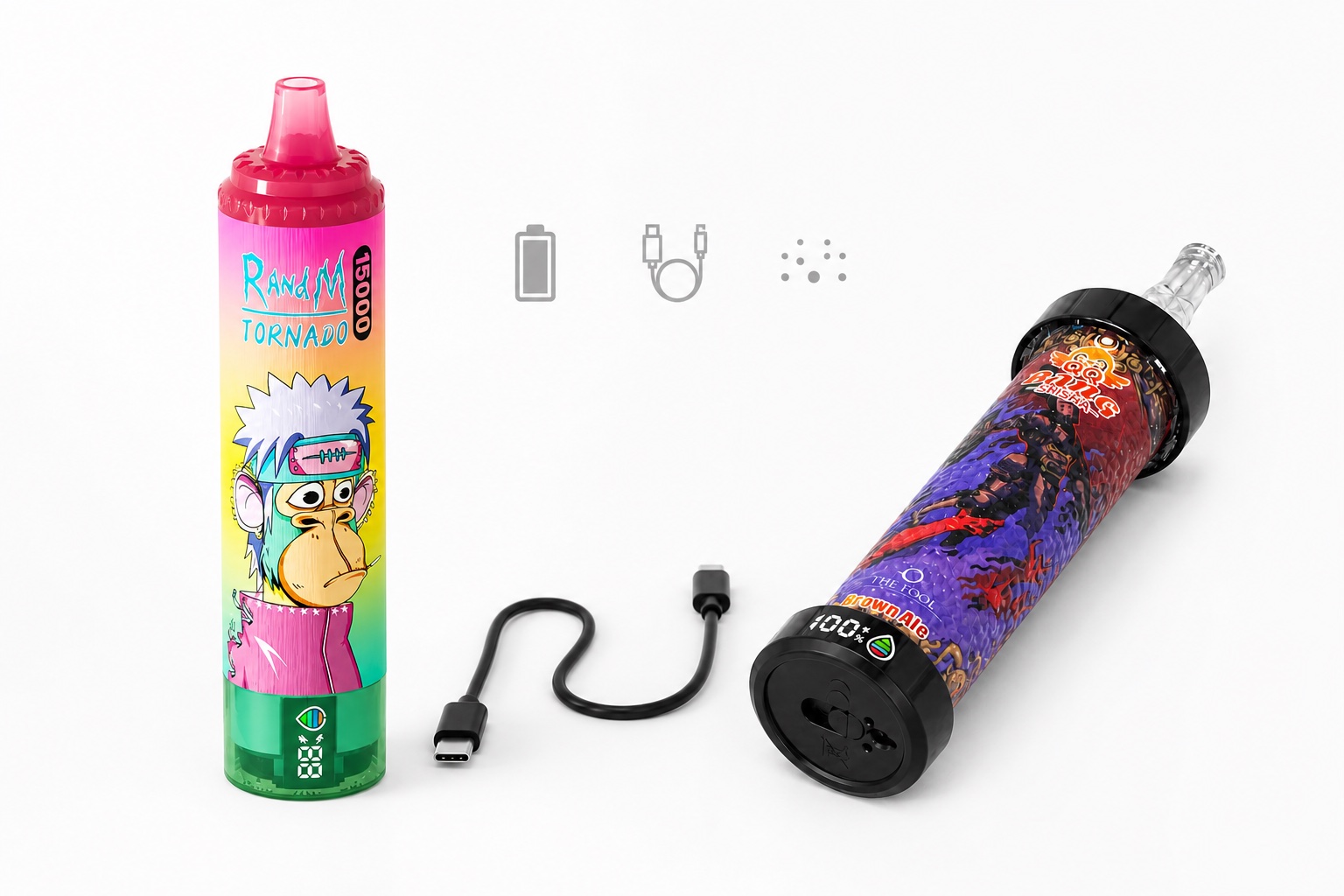 Fumot Tornado 15000 und QQ BANG BLAZE 80K mit USB-C-Kabel und neutralen Prüfsymbolen auf weißem Hintergrund