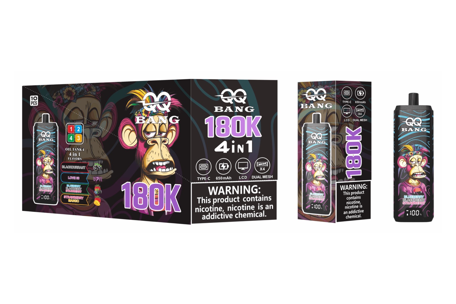 QQ BANG 180K 4-in-1 mit Gerät und Originalverpackung für vier Aromen auf weißem Hintergrund