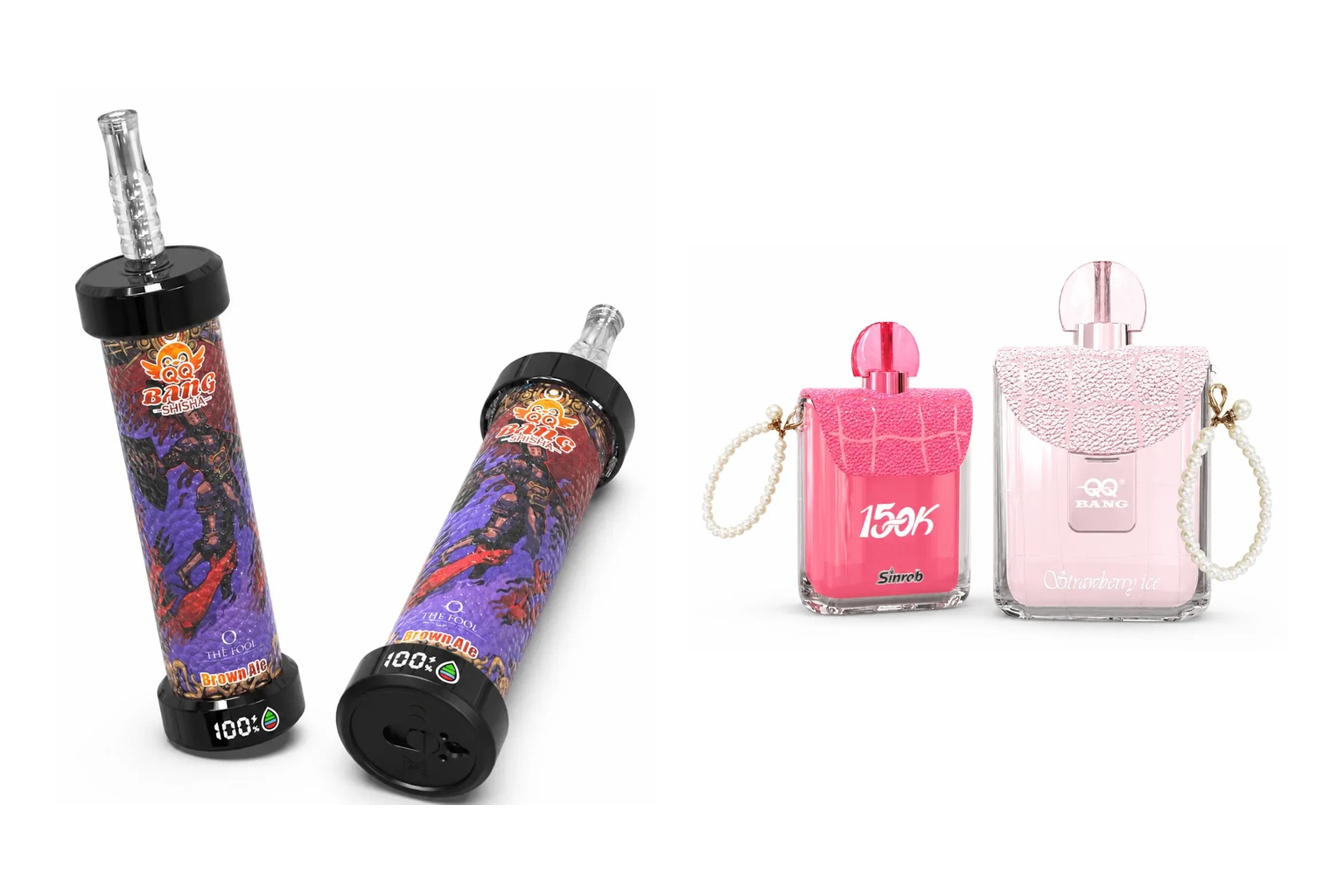 QQ BANG BLAZE 80K und QQ BANG Perfume 150K als echte Produktabbildungen auf weißem Hintergrund