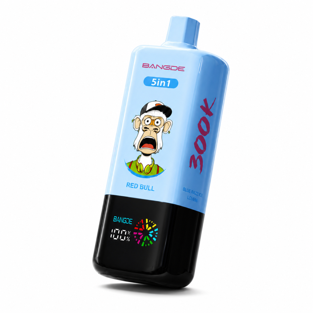 BANG DE 300K 5-in-1 Vape mit Geschmackswähler und LED-Display auf reinweißem Hintergrund
