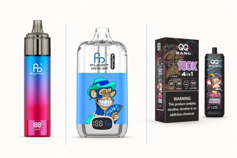 FUMOT Pod, nachfüllbare FUMOT Digital Box und QQ BANG 180K als unterschiedliche Vape-Bauformen