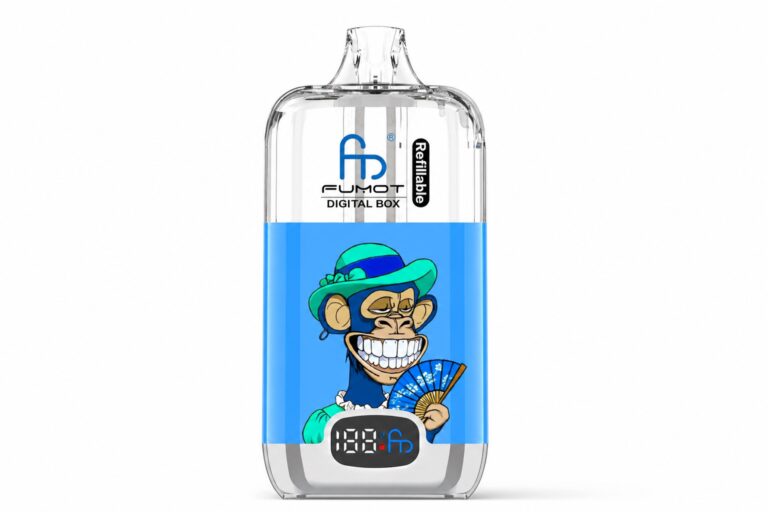 FUMOT Digital Box, nachfüllbar, mit Tank mit Befüllung von oben und Display auf weißem Hintergrund