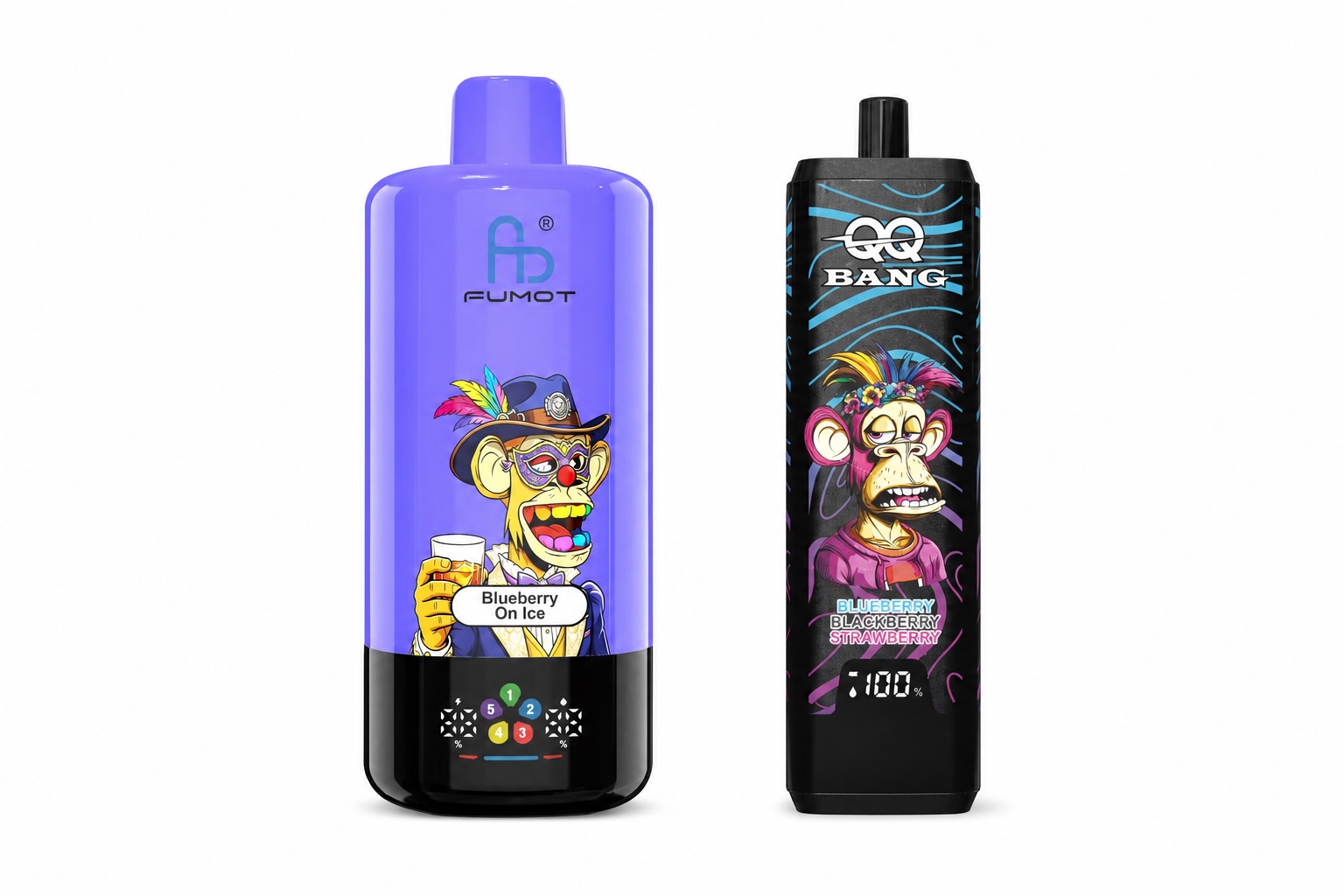 FUMOT ECO 10in1 160K und QQ BANG 180K 4-in-1 nebeneinander auf weißem Hintergrund