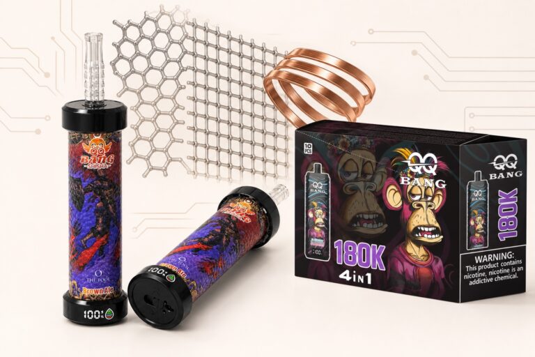 QQ BANG Blaze 80K und QQ BANG 180K vor einer abstrakten Mesh- und Coil-Darstellung