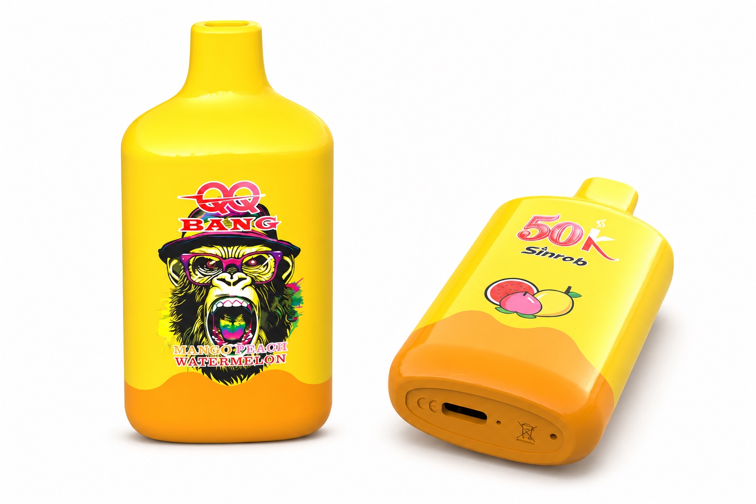 QQ BANG 50000 Mango Peach Watermelon in zwei Ansichten auf weißem Hintergrund