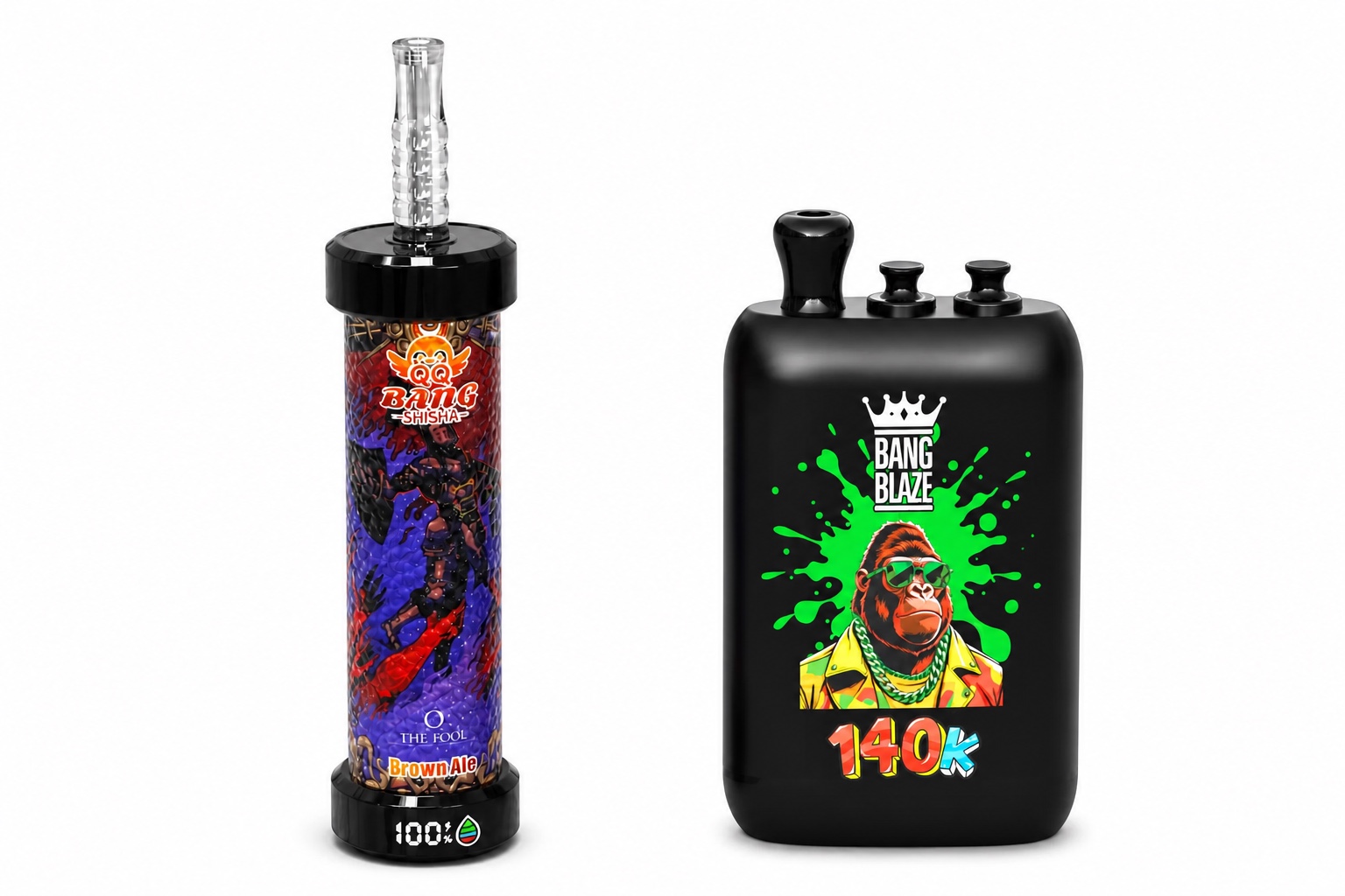 QQ BANG BLAZE 80K links und BANG BLAZE 140K 3-in-1 rechts auf weißem Hintergrund