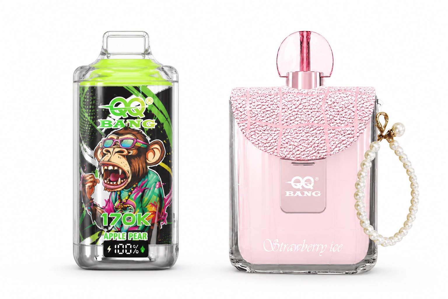 QQ BANG Crystal 170K links und QQ BANG Perfume 150K rechts auf weißem Hintergrund