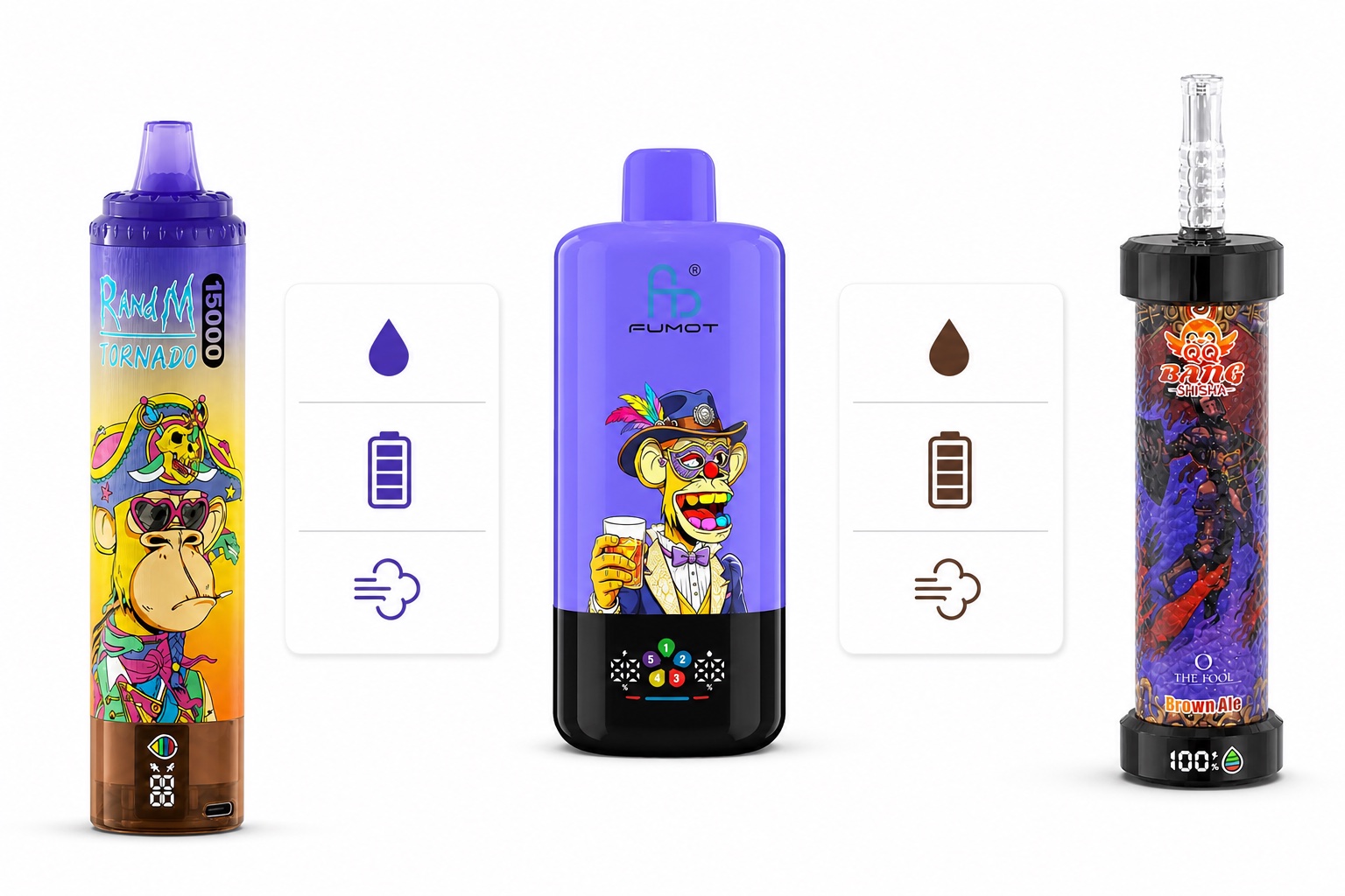 FUMOT Tornado 15000, FUMOT ECO und QQ BANG Blaze 80K mit neutralen Datenkarten