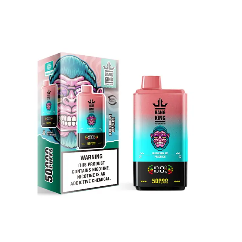 BANG King 50K Dual Flavor Blueberry Ice und Peach Ice Produktansicht auf weißem Hintergrund