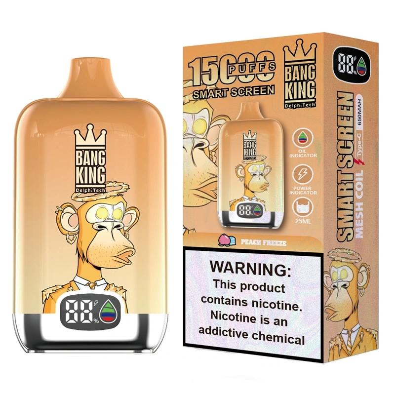 BANG King Smart Screen 15K Peach Freeze Geschmacks- und Verpackungsansicht auf weißem Hintergrund