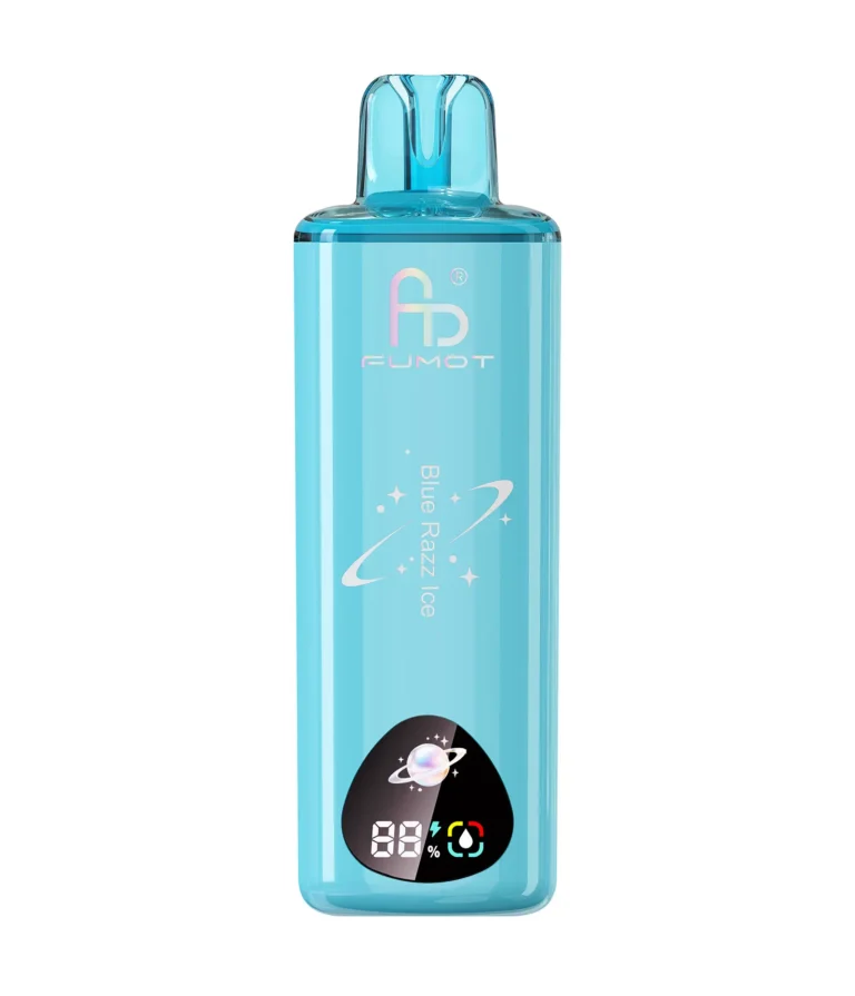 FUMOT Pulse 34K Blue Razz Ice Geschmacksansicht auf weißem Hintergrund