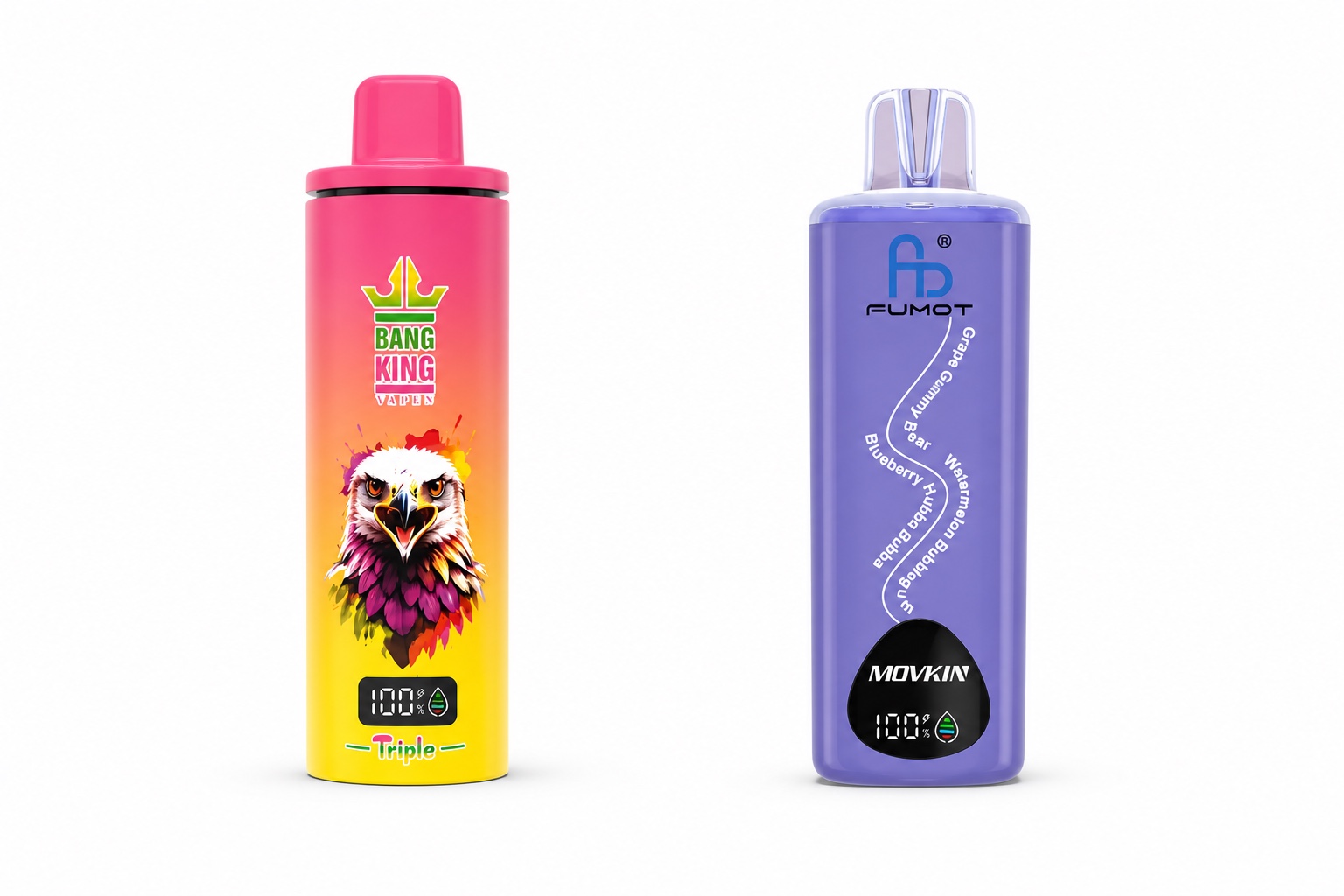 BANG King Triple 100K und FUMOT ECO 3in1 24K nebeneinander auf weißem Hintergrund