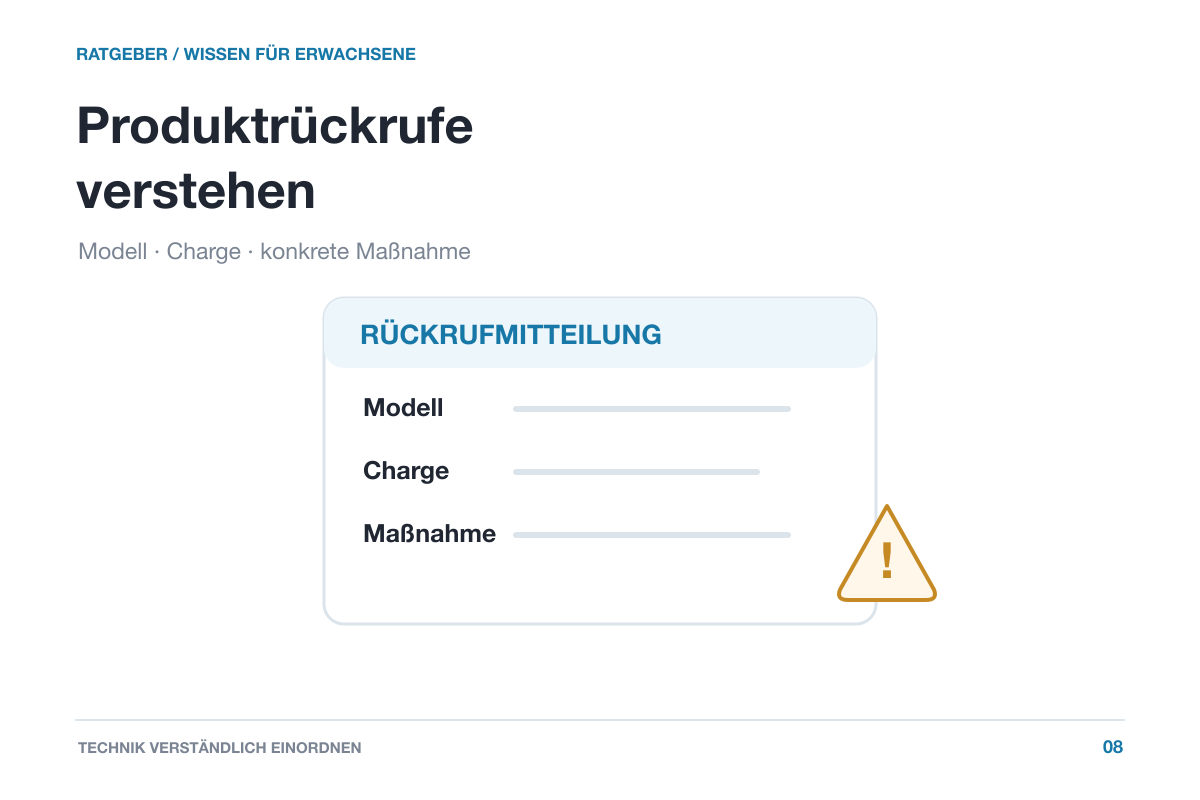 Neutrale Rückrufmitteilung mit den Feldern Modell, Charge und Maßnahme sowie einem Warnsymbol. Keine Meldung über ein bestimmtes Produkt.